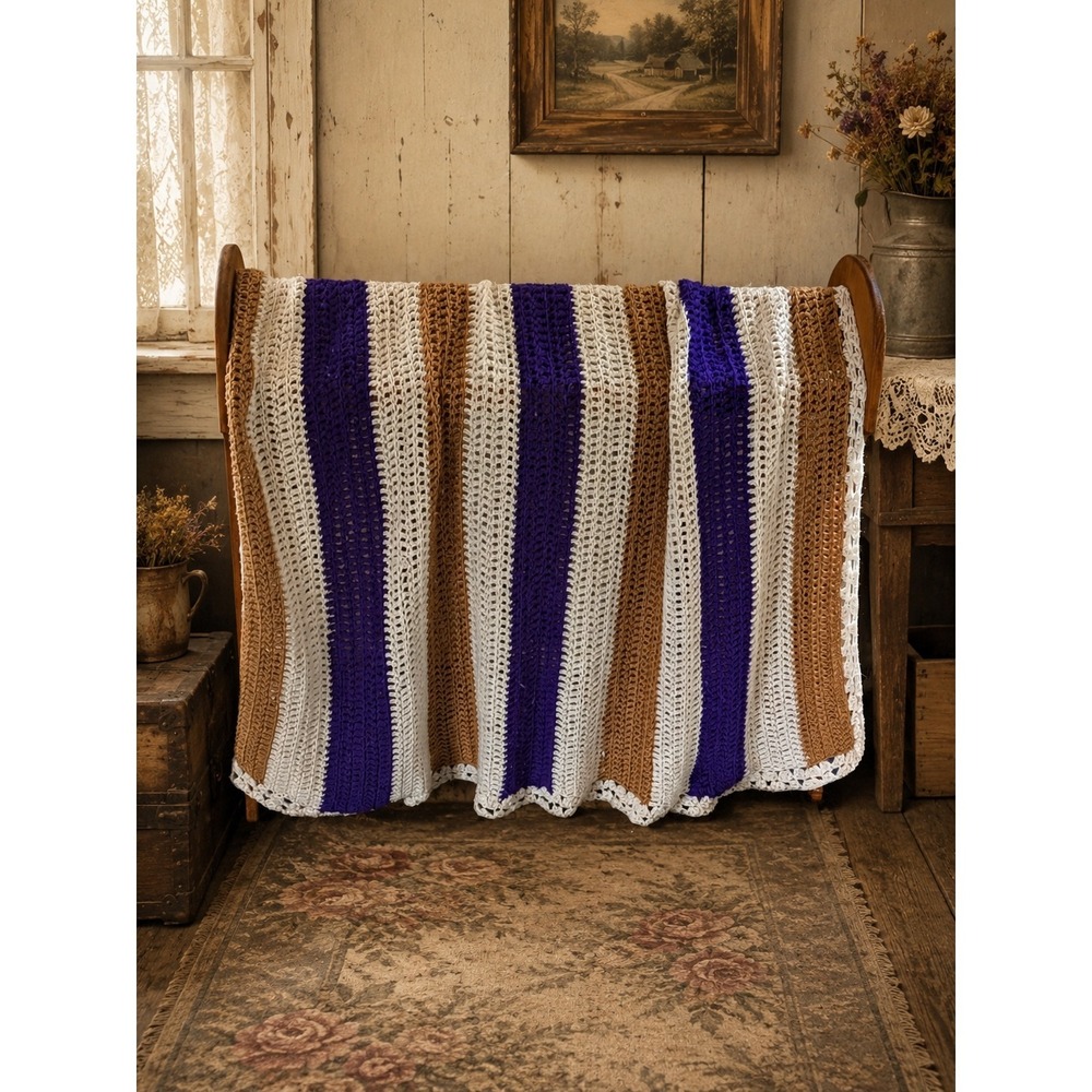 Vintage Hand Crocheted‎ Striped Throw Blanket Purple Taupe Cream  Afghan Cozy
